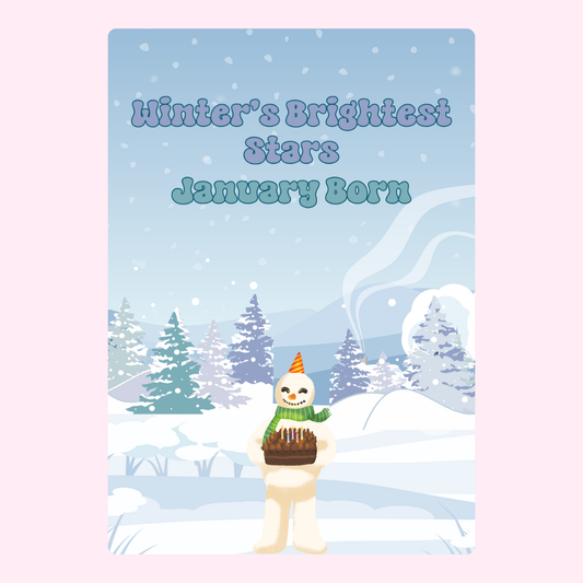January birthday card with snowman and winter scene