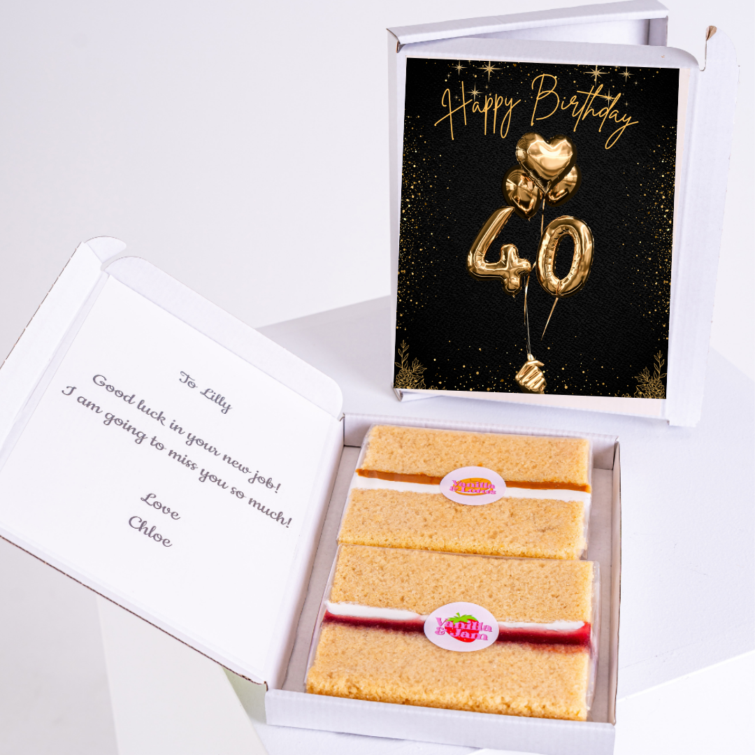 Birthday cake and card for Lilly's 40th, good luck message from Chloe.