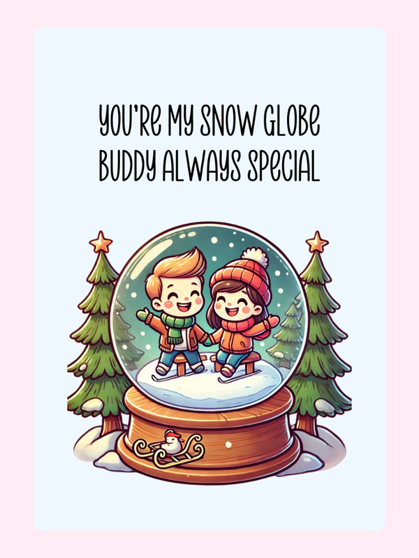 Cartoon couple in snow globe with text.