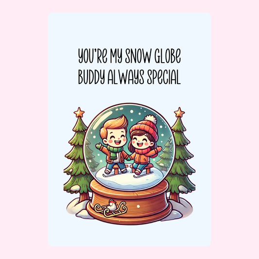 Cartoon couple in snow globe with text.