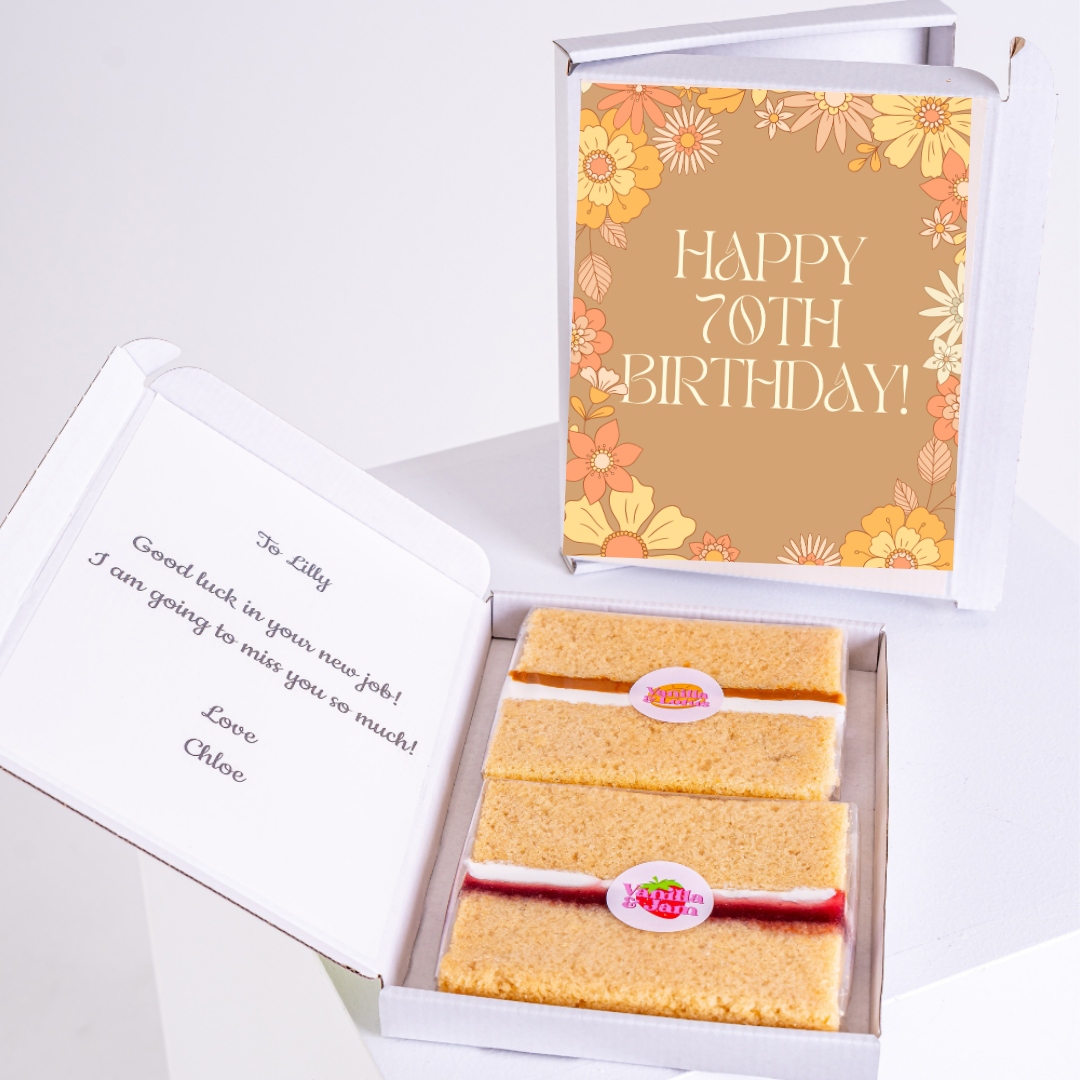 70th birthday cake gift box for Lilly with a personalized message.