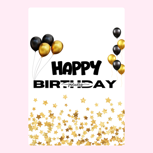 January birthday card with balloons and stars