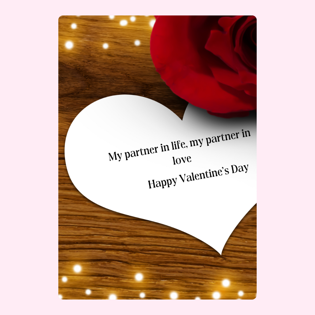 Valentine's Day card with heart, rose, and wood grain background.