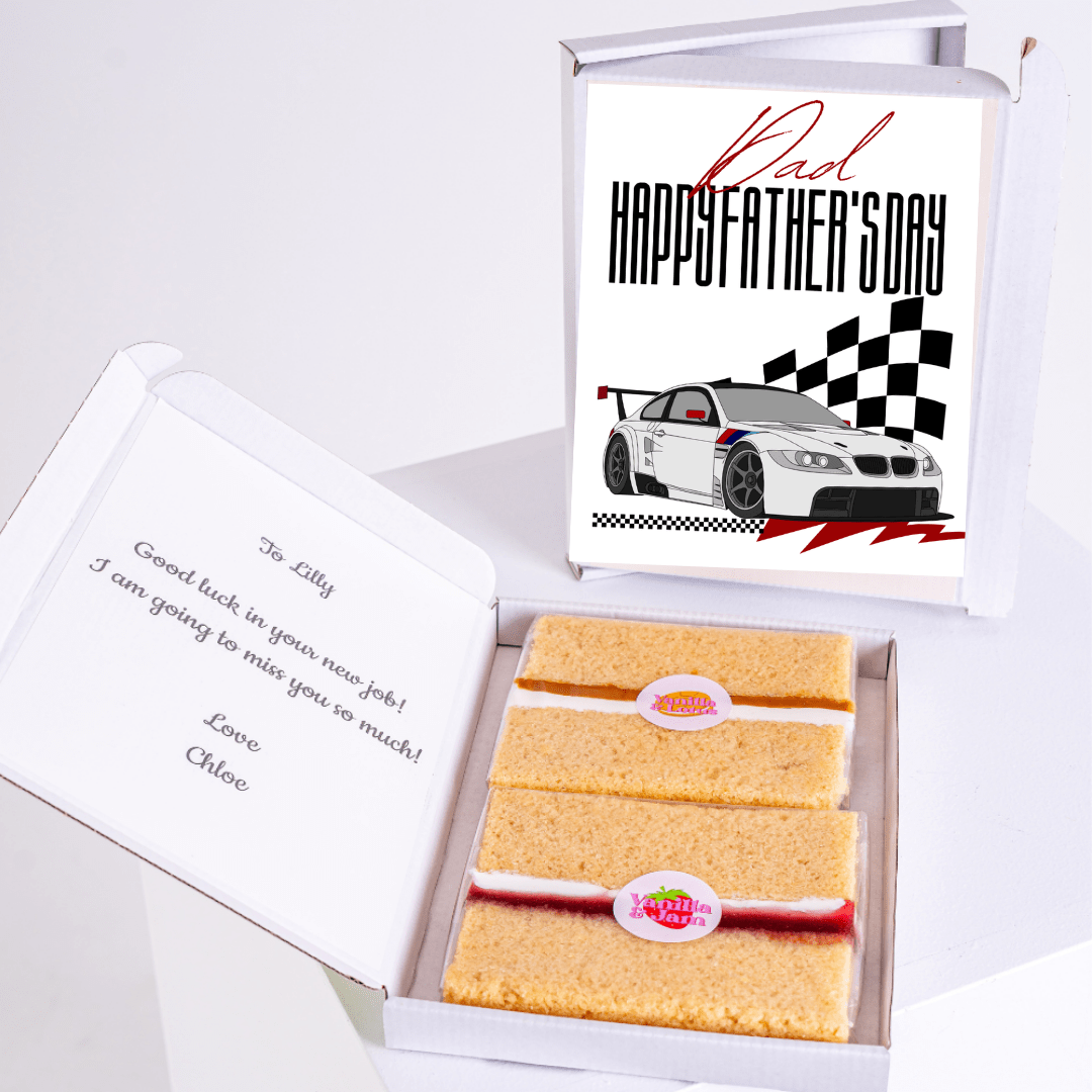 Father's Day card & cake gift box with race car, for Dad.
