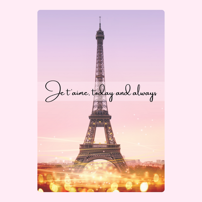 Eiffel Tower postcard with Je t'aime and lights
