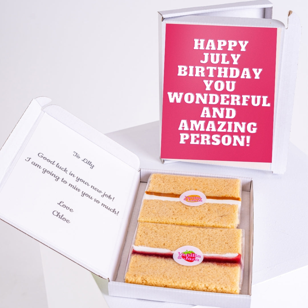 Letterbox cake gift with July birthday message in pink.