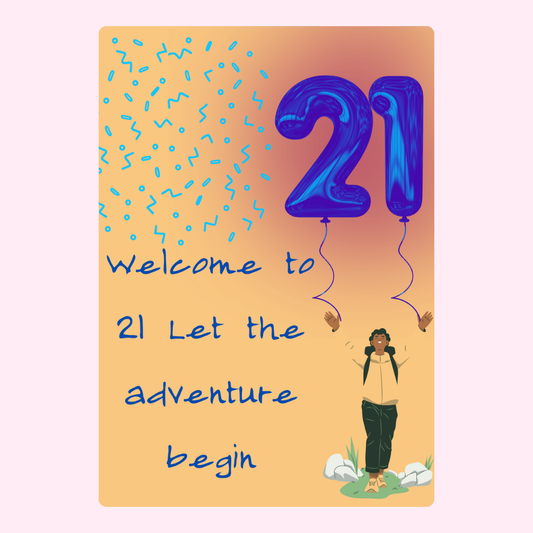 21st birthday card with balloons and Welcome to 21 message.