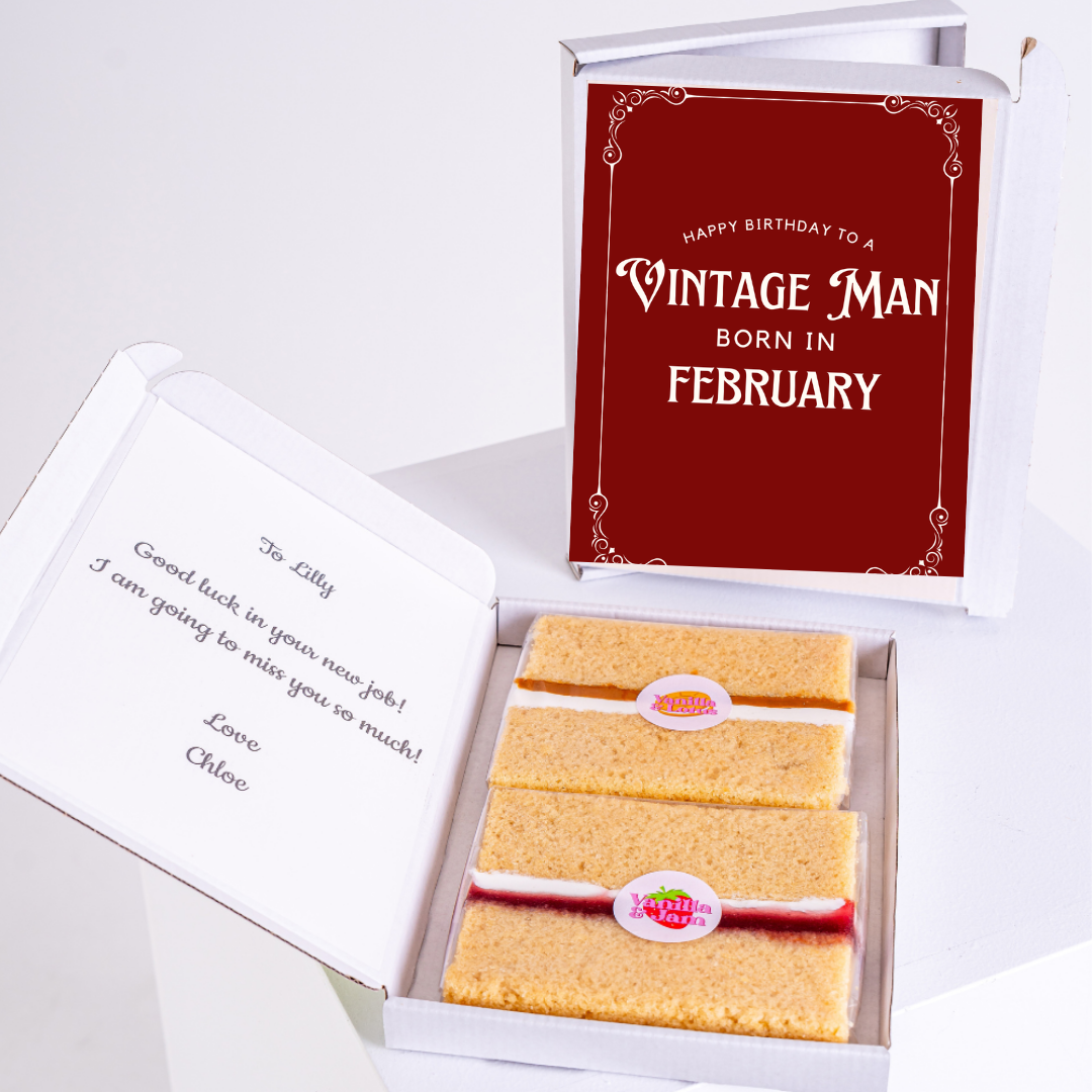Birthday cake gift box for a vintage man born in February.