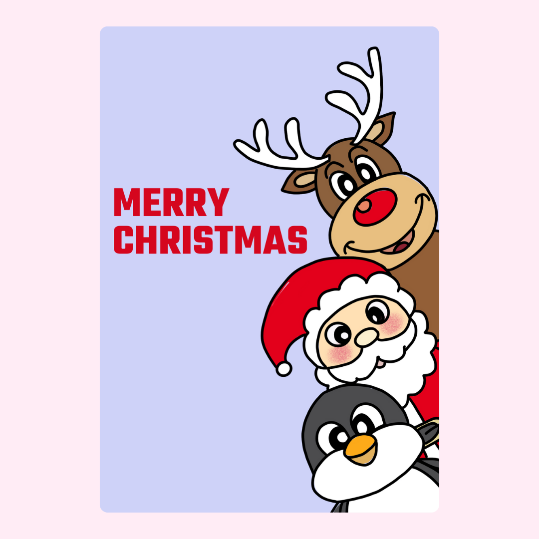 Merry Christmas card with Santa, reindeer, and penguin