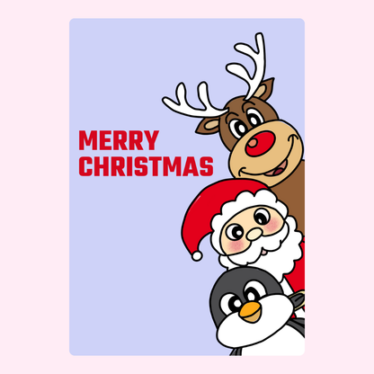 Merry Christmas card with Santa, reindeer, and penguin