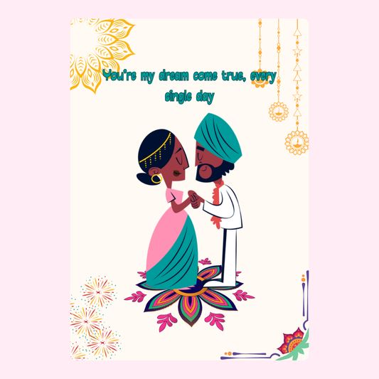 Indian couple illustration, You're my dream come true card.