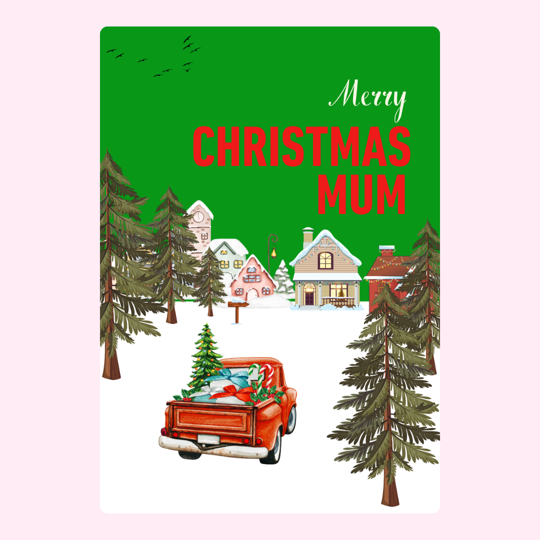Christmas card for Mum featuring a red truck and village scene