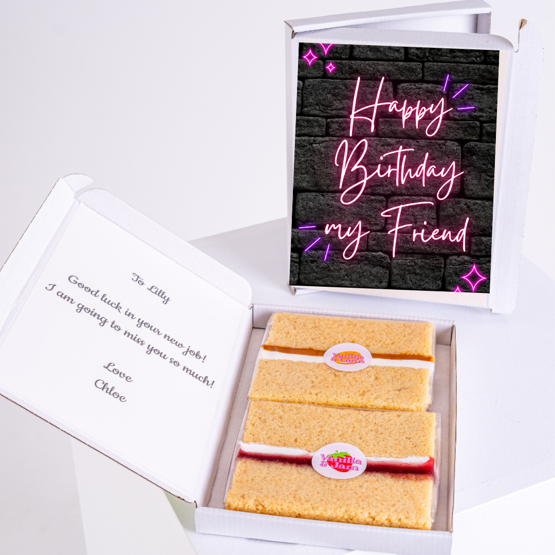 Birthday cake gift box with Happy Birthday my Friend card.