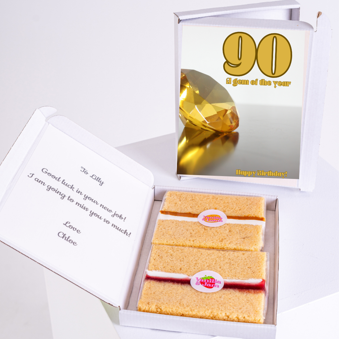 90th birthday gift set with cake and card A Gem of the Year for Lilly.