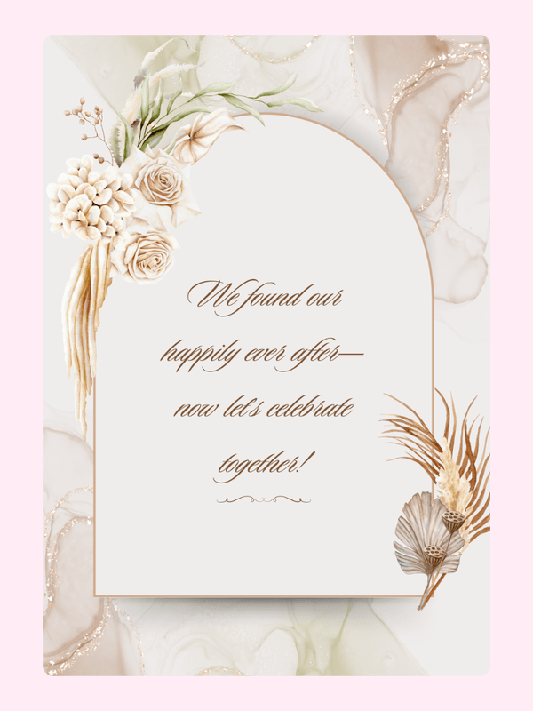 Wedding invitation with floral design and happily ever after message.