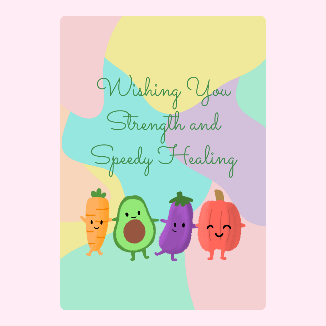 Get well soon card with cute vegetable characters.