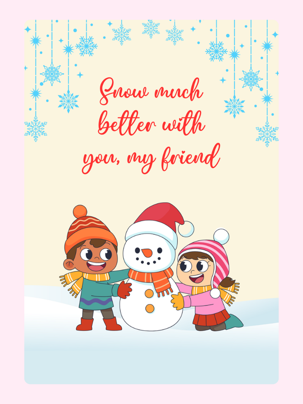 Winter card with kids building snowman.