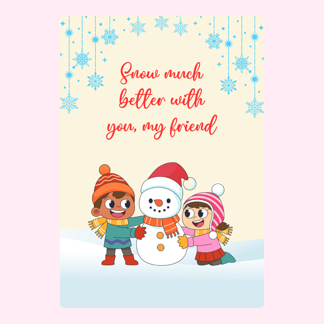 Winter card with kids building snowman.