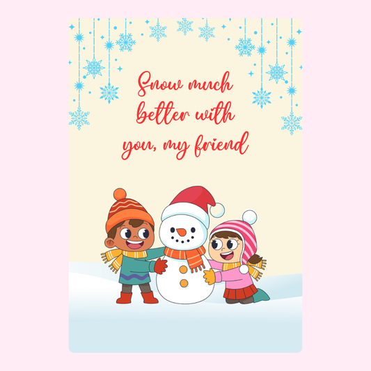 Winter card with kids building snowman.