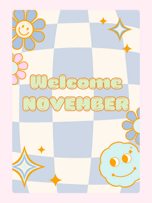 Welcome November card with retro flowers and checkered background