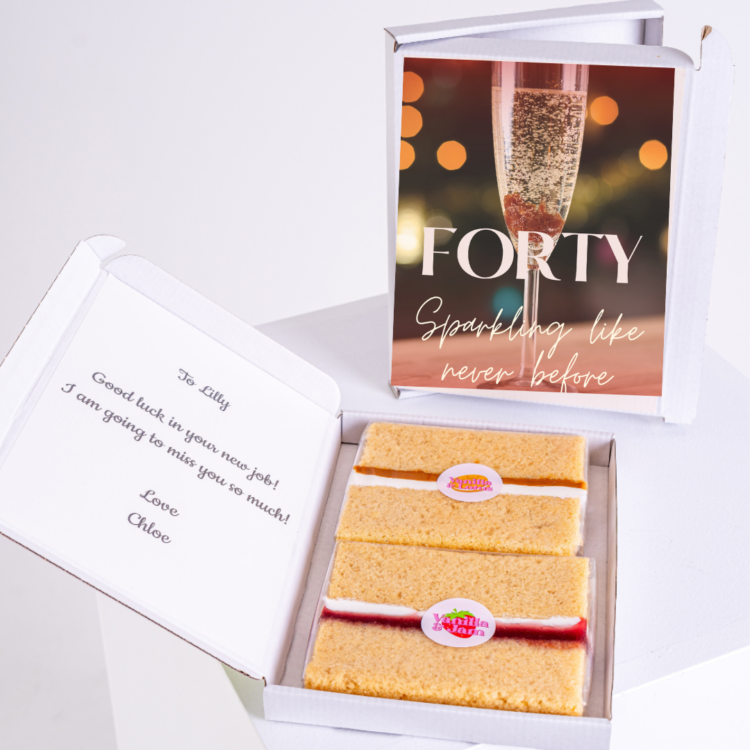 40th birthday cake gift box with Forty message and well wishes.
