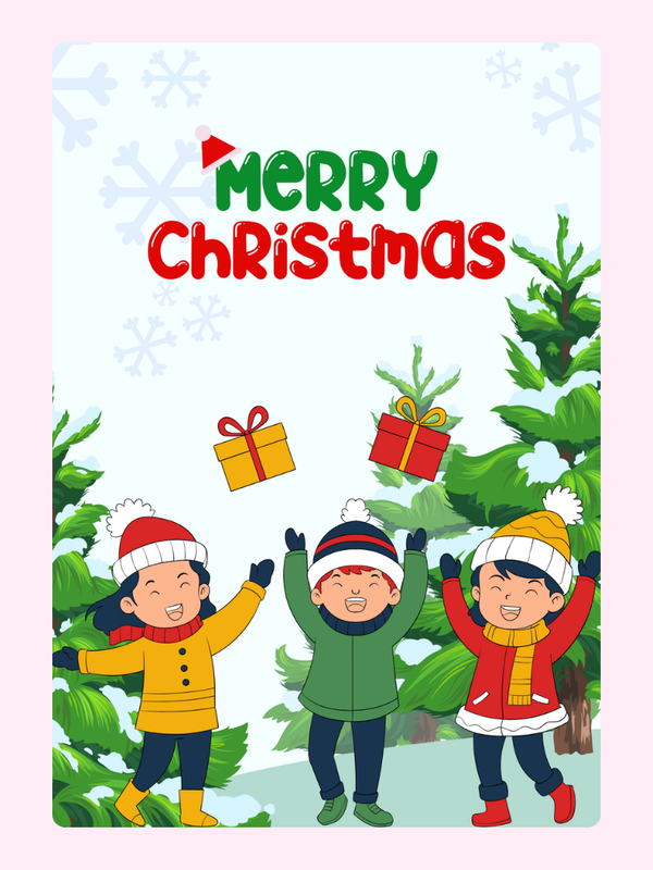 Merry Christmas card with children and gifts