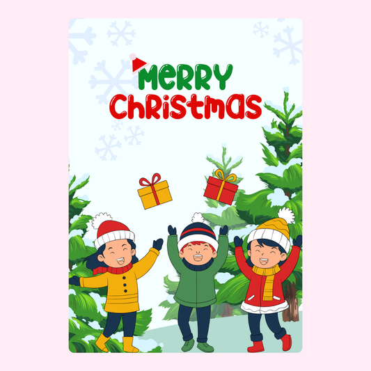 Merry Christmas card with children and gifts