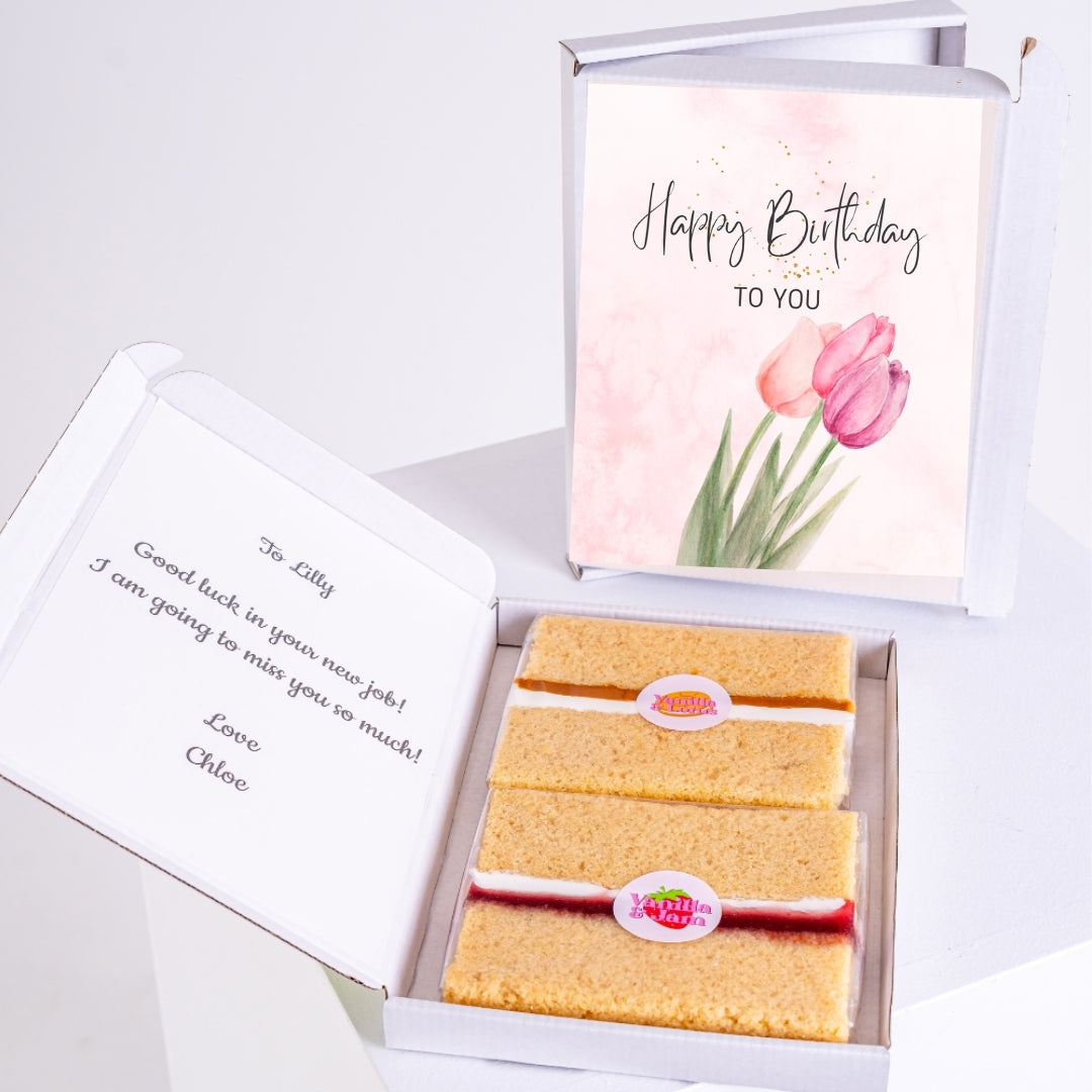 Letterbox cake gift with tulip-themed birthday design