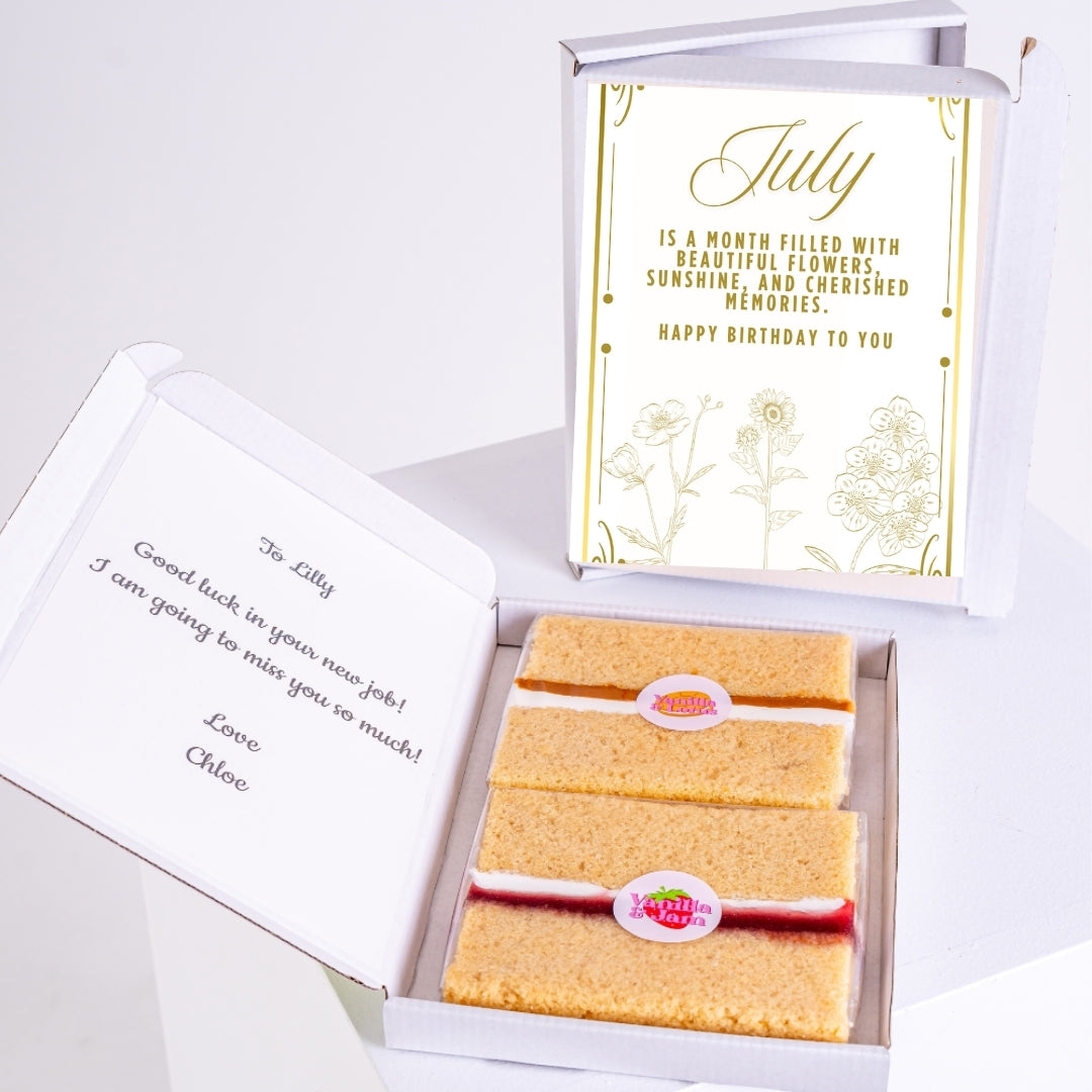July birthday cake gift with floral message and two cake slices