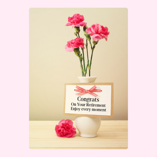 Retirement card with pink carnations, congrats message.