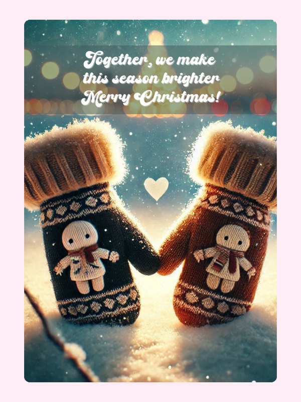 Christmas mittens holding hands in snow, Merry Christmas!