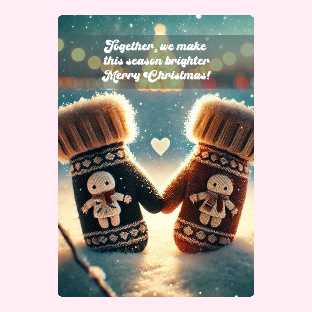 Christmas mittens holding hands in snow, Merry Christmas!
