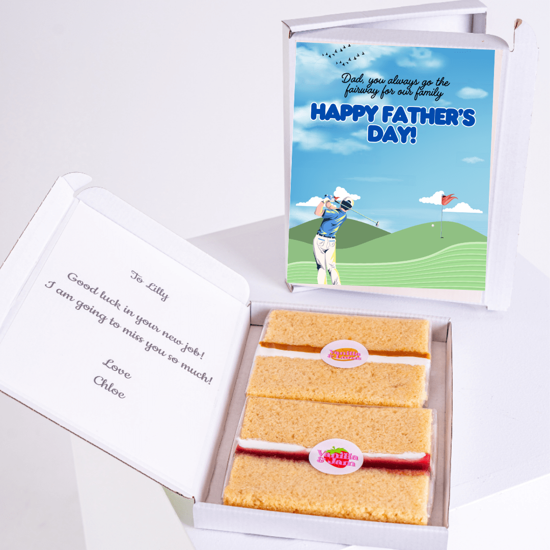 Father's Day gift box with cake, golf theme, and personalized card.