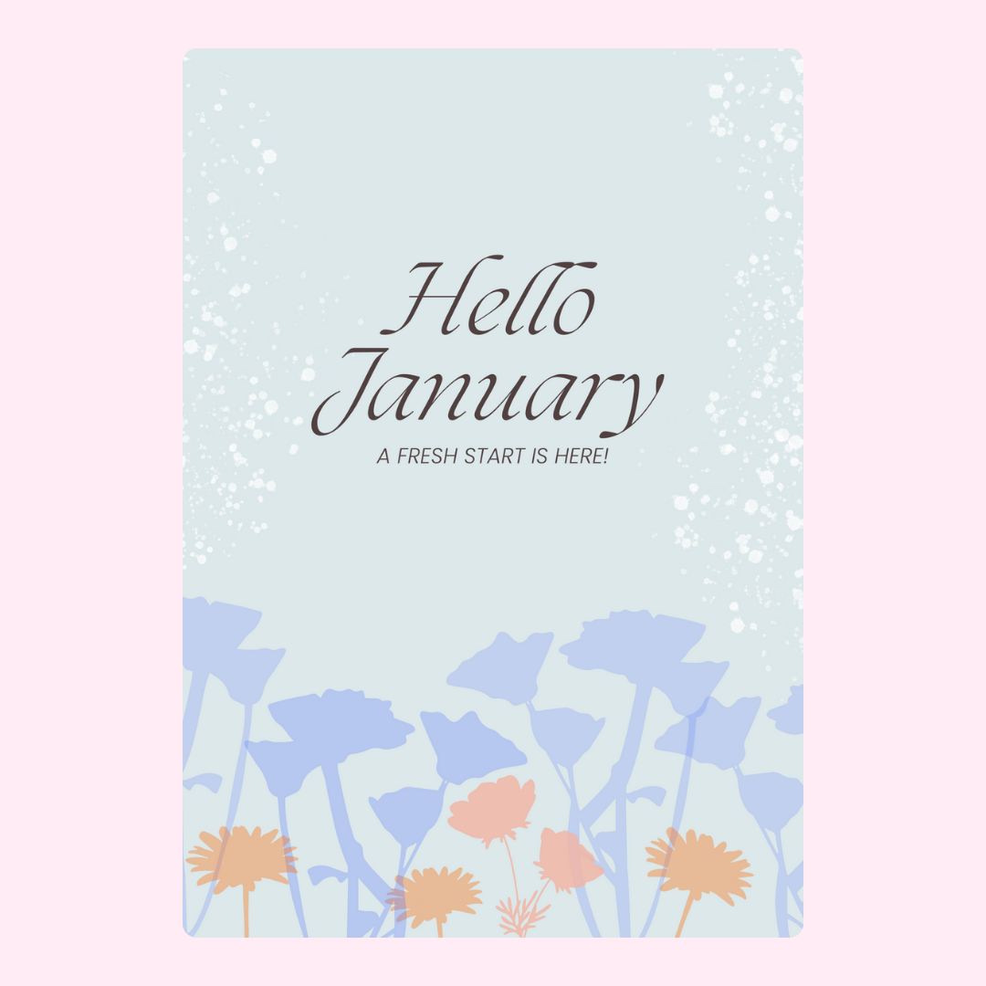 January greeting card with flowers