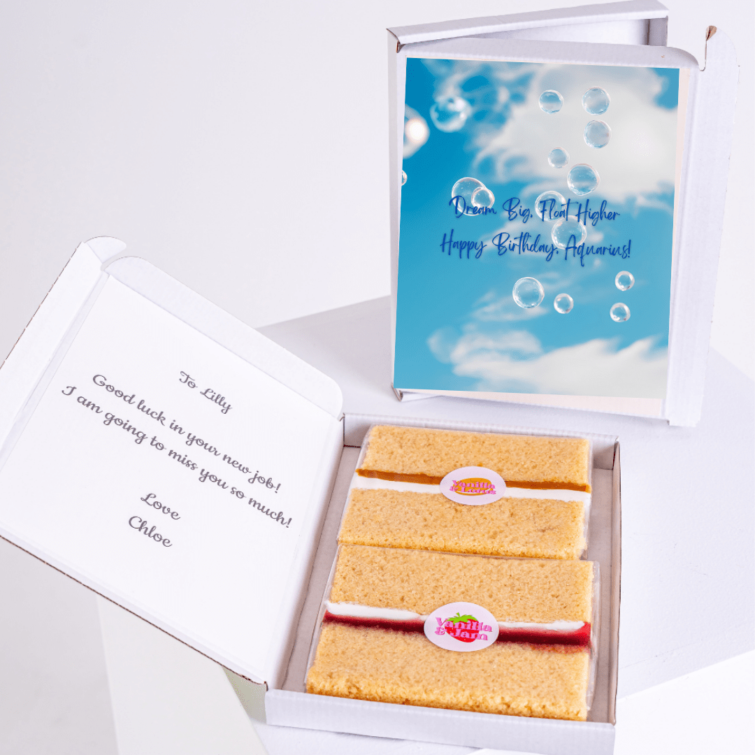 Cake gift box with Happy Birthday Aquarius card & farewell message.
