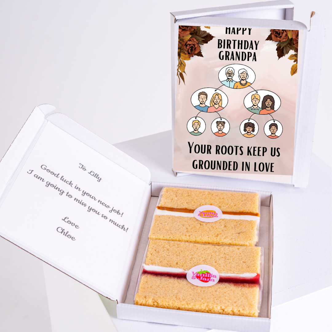 Birthday gift box for Grandpa with cake and family tree