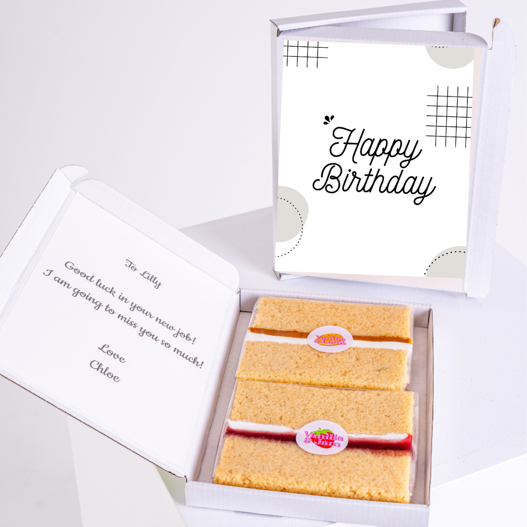 Birthday cake gift box with Happy Birthday card.