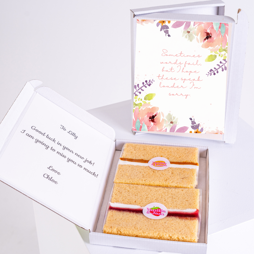 Cake gift box with card for Lilly, wishing her luck in her new job.