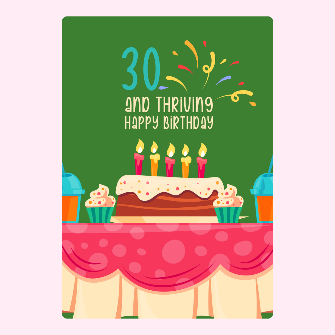 30th birthday card with cake and cupcakes