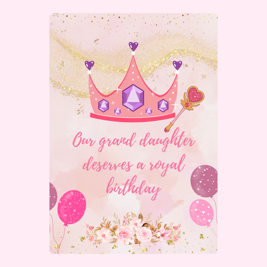Birthday card for granddaughter with crown, balloons, and flowers.