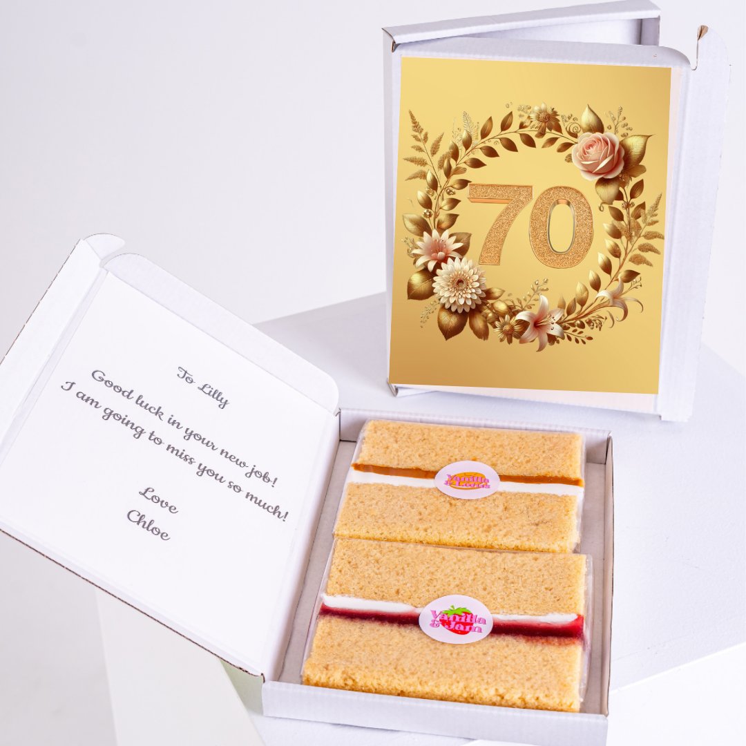 70th birthday cake and card for Lilly, good luck in new job.