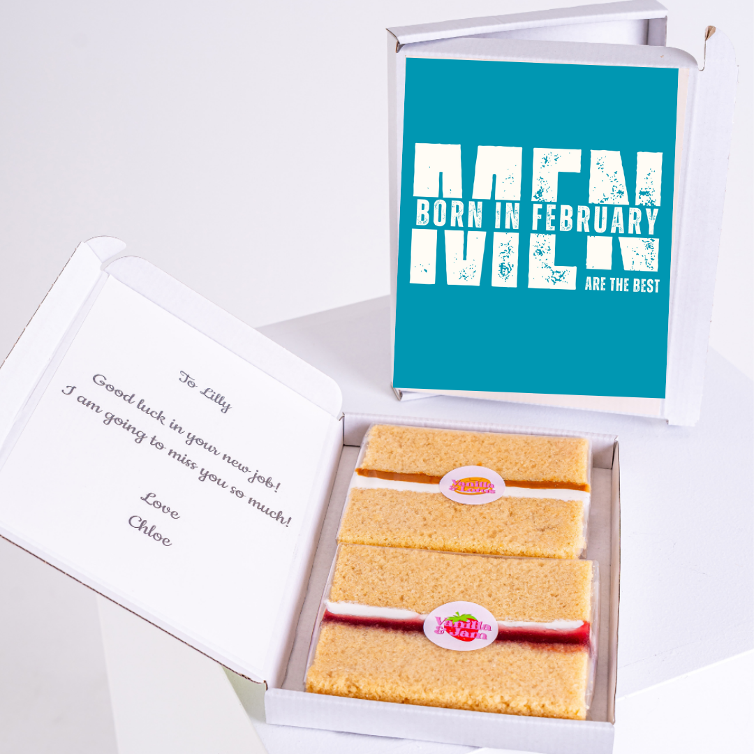 Birthday cake gift box Born in February with message for Lilly.
