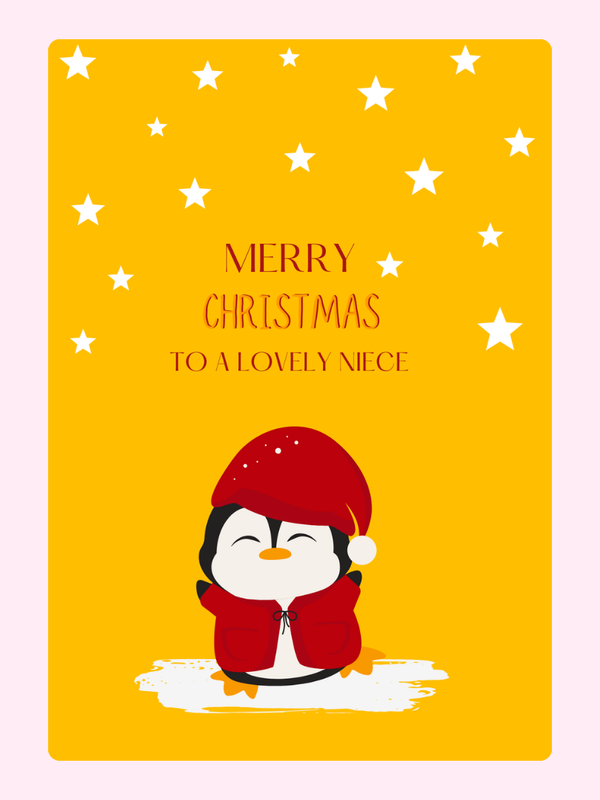 Christmas card for a niece with penguin, stars, and yellow background.