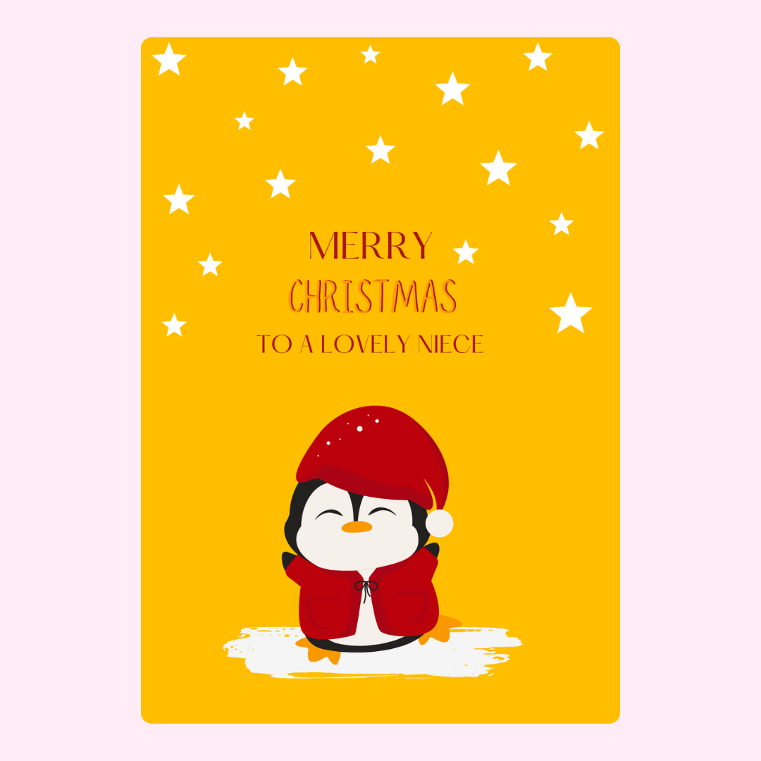 Christmas card for a niece with penguin, stars, and yellow background.
