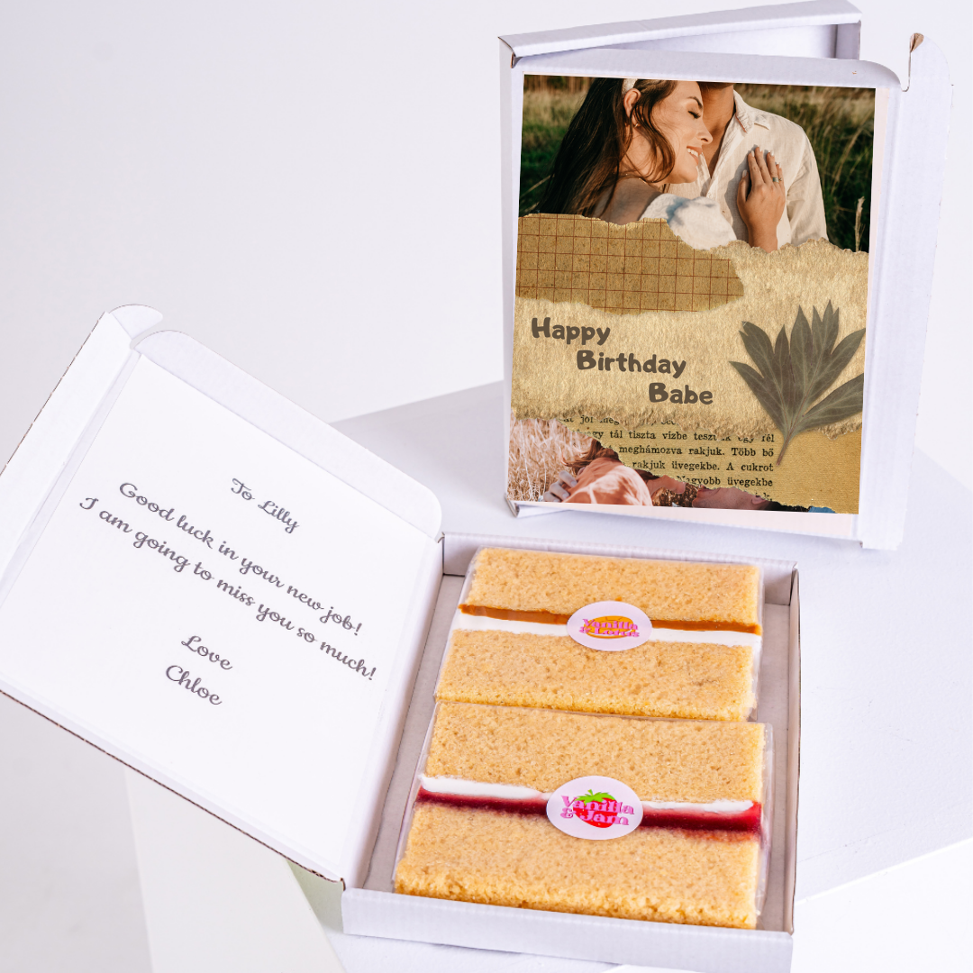 Birthday cake gift box for Lilly, card says Happy Birthday Babe