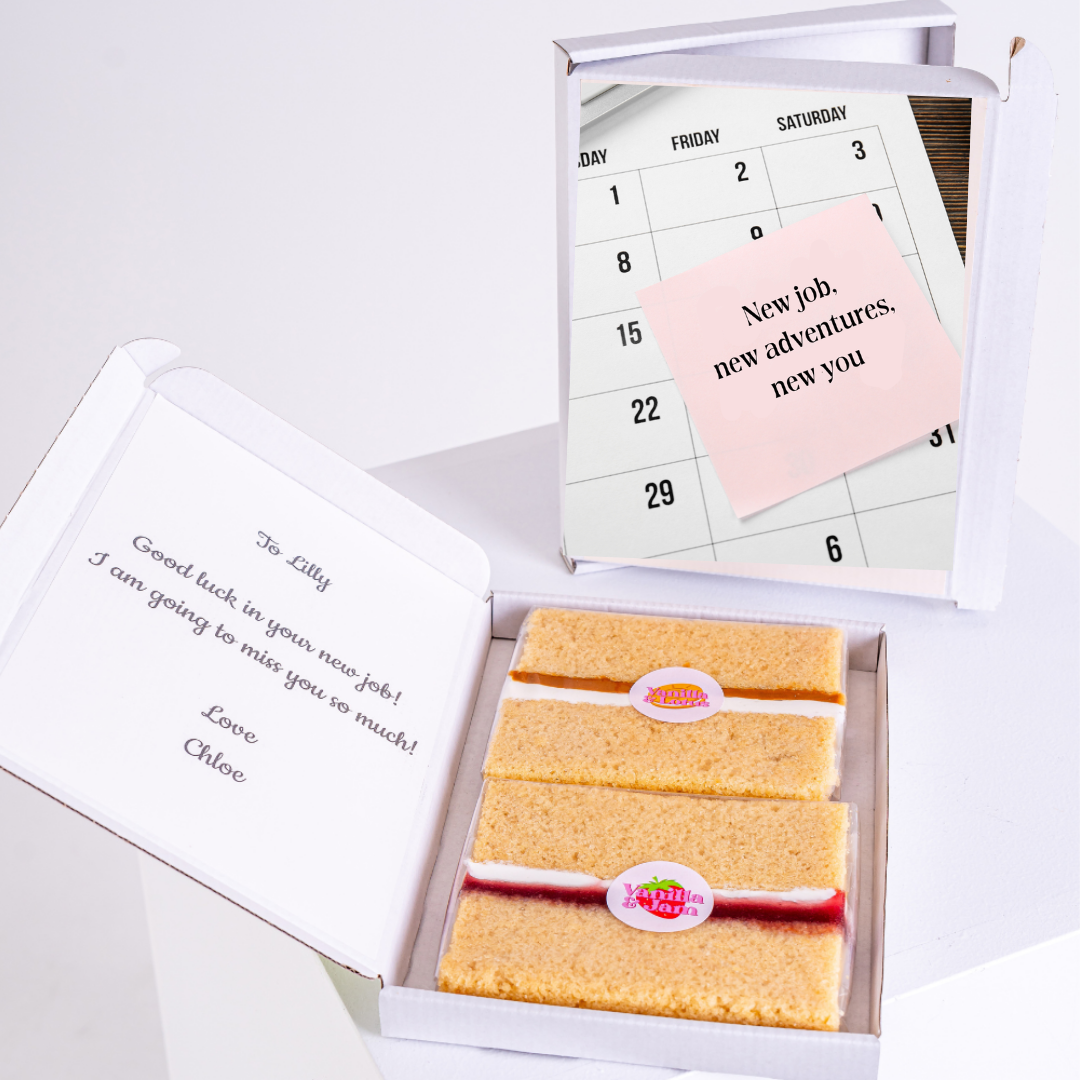 Cake gift for Lilly's new job, message from Chloe.