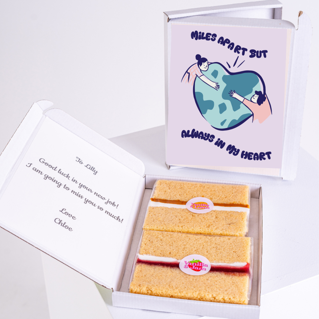 Cake box with message Miles apart but always in my heart for Lilly.