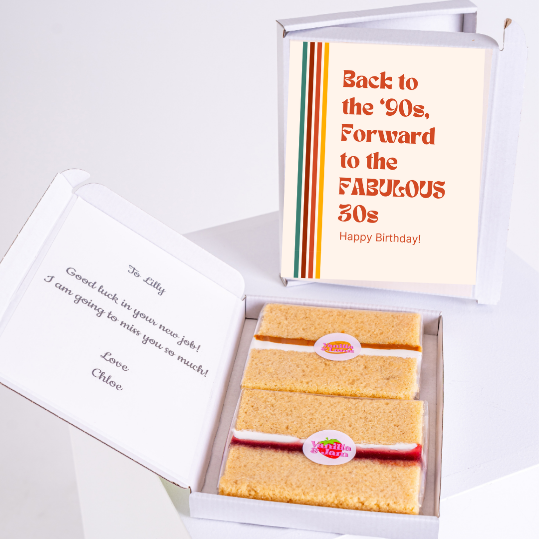 Birthday cake with 90s/30s theme, gift for Lilly, good luck message.