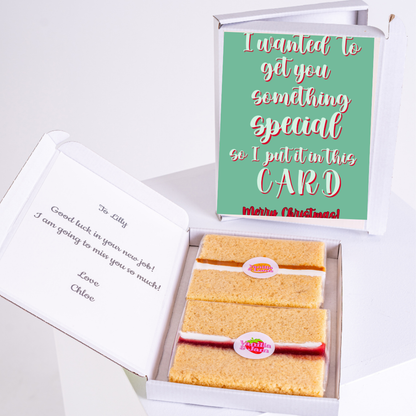 Christmas card and cake gift for Lilly, good luck in new job.