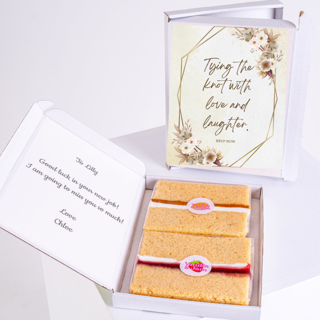 Gift box with cake & Tying the knot card, for Lilly's new job.